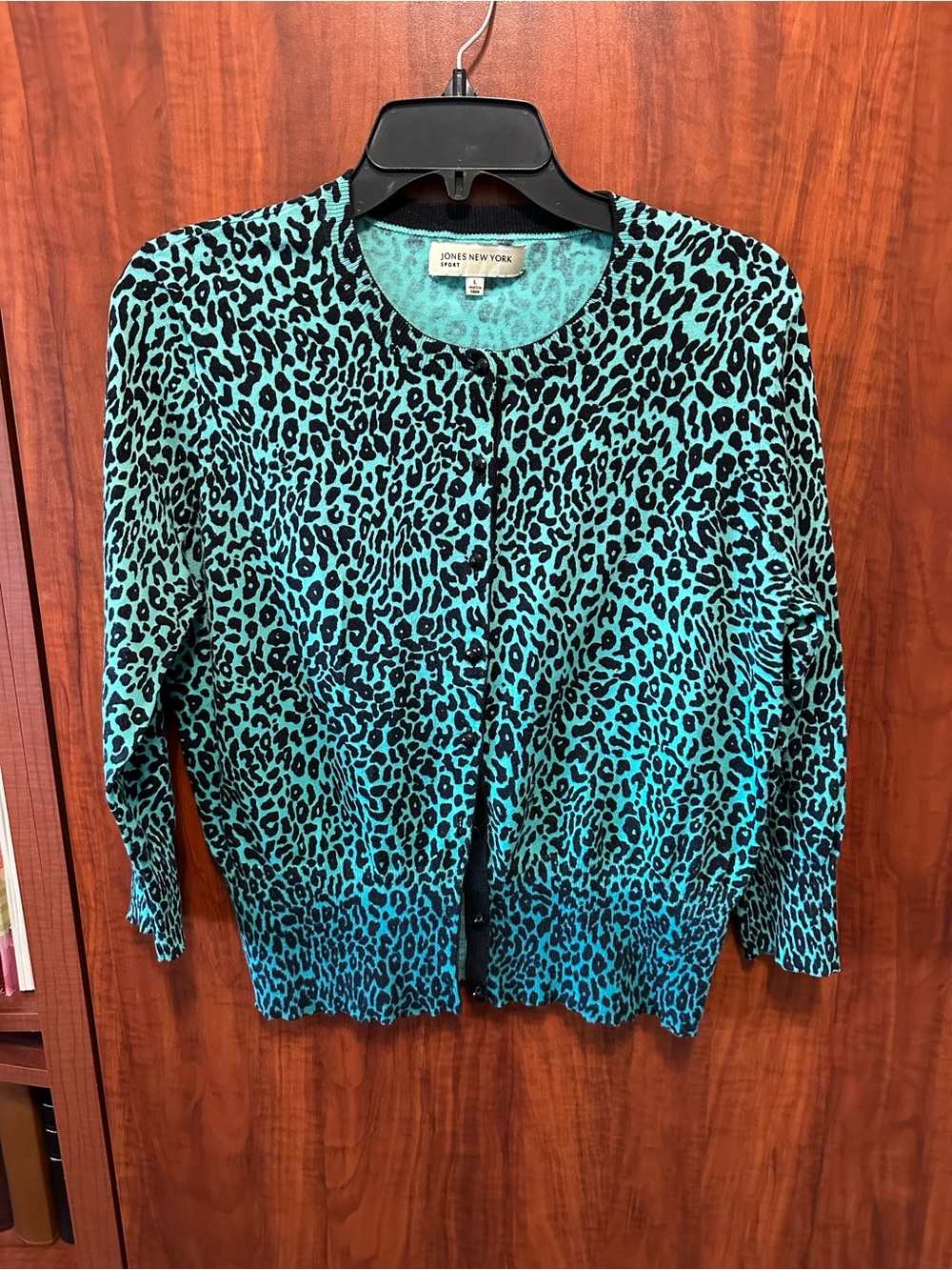 Jones New York Teal and Black Leopard Print Cardigan